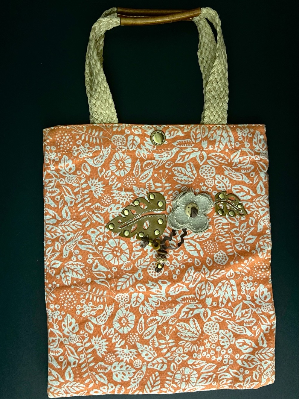 Rafe NY Clarins Orange/White Floral Tote w/ Woven Straps & Floral Decoration